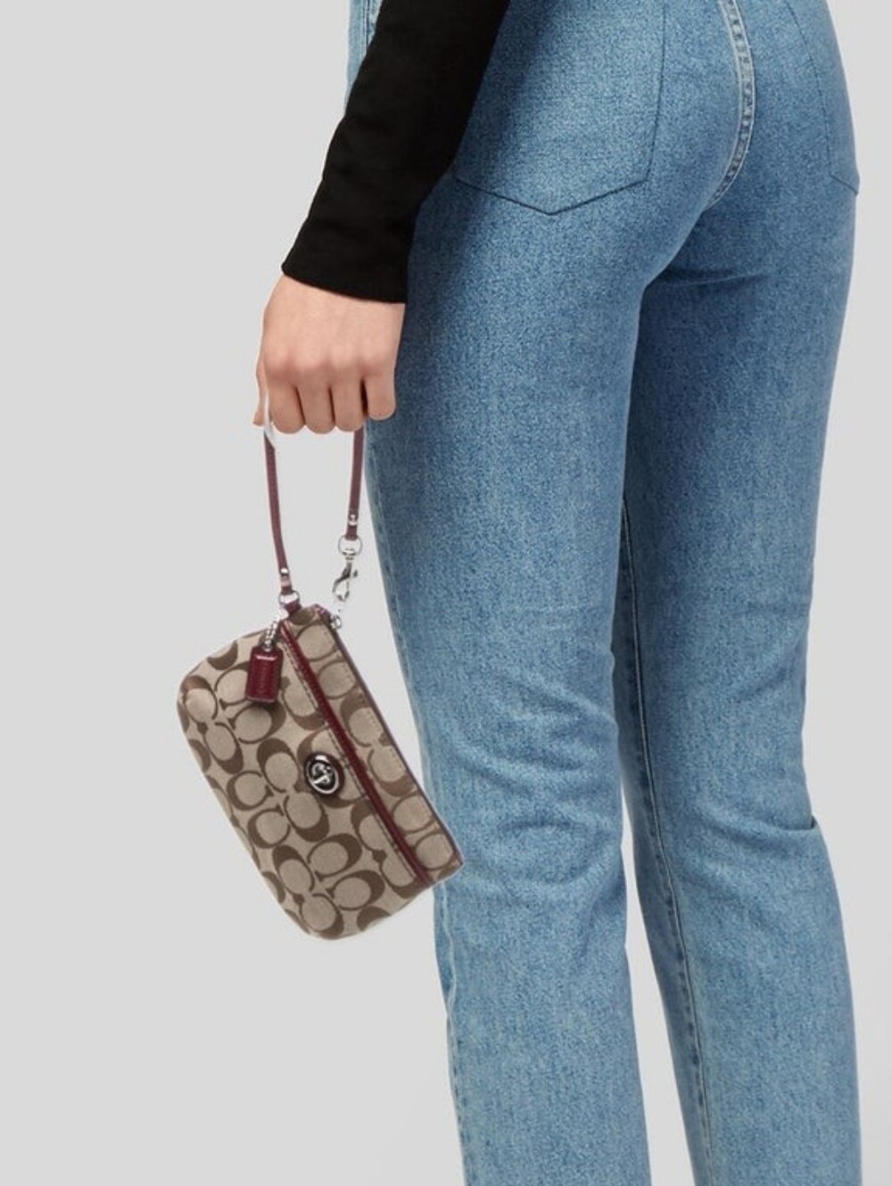 Coach Signature Canvas Wristlet in Beige with Magenta Trim